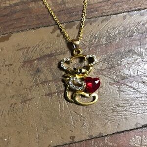 Gold tone Teddy Bear w Heart Necklace